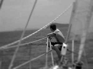 Nick on the bow of La Boheme charter sailboat